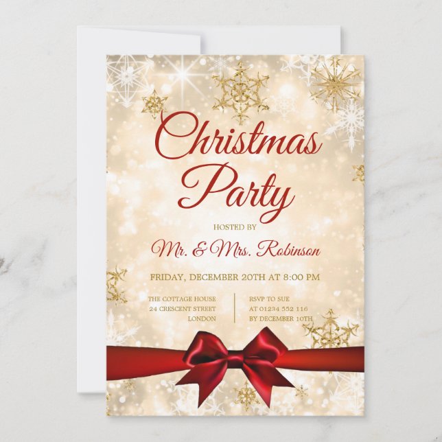Christmas Party Gold Winter Sparkle Red Ribbon Invitation (Front)