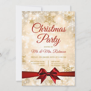 Christmas Party Gold Winter Sparkle Red Ribbon Invitation