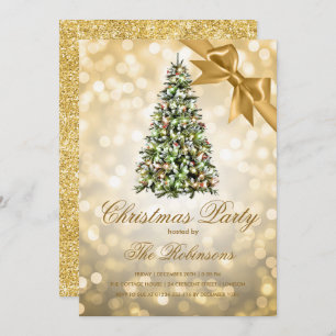 Christmas Party   Gold Xmas Tree Lights Ribbon Invitation