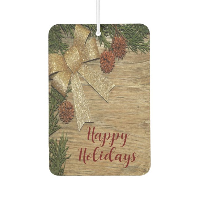 Christmas Party Golden Green Leaves Red Rustic Car Air Freshener (Front)