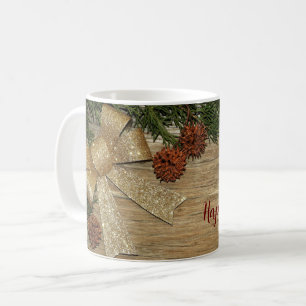 Christmas Party Golden Green Leaves Red Rustic Coffee Mug