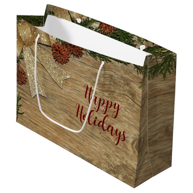 Christmas Party Golden Green Leaves Red Rustic Large Gift Bag (Front Angled)