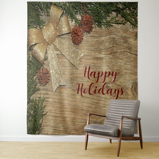 Christmas Party Golden Green Leaves Red Rustic Tapestry (In Situ)