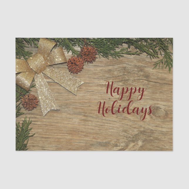 Christmas Party Golden Green Leaves Red Rustic Tissue Paper (Front)