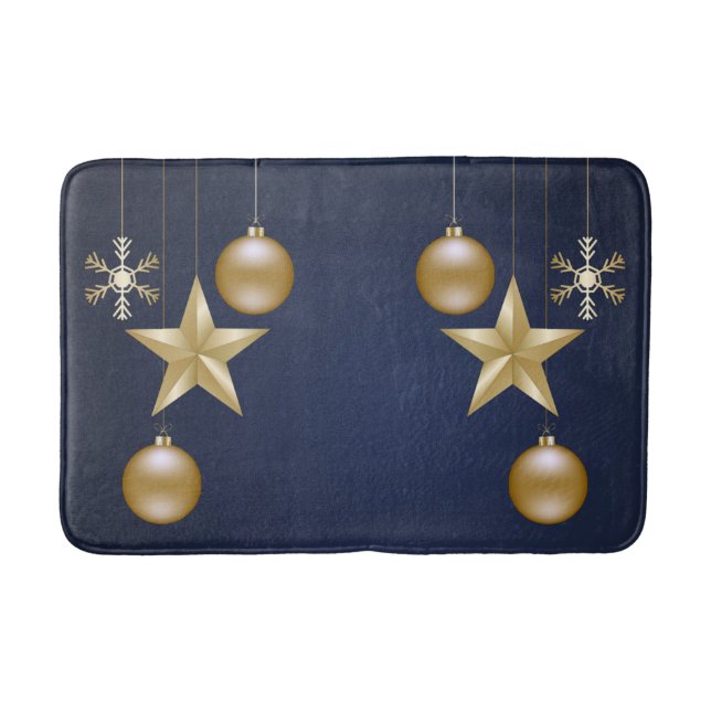 Christmas Party Golden Ornament Navy Blue Elegant Bath Mat (Front)