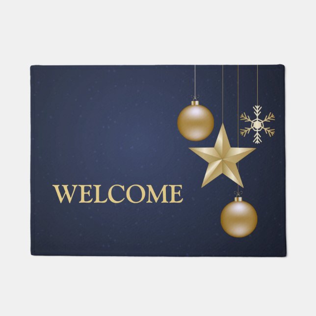 Christmas Party Golden Ornament Navy Blue Elegant Doormat (Front)