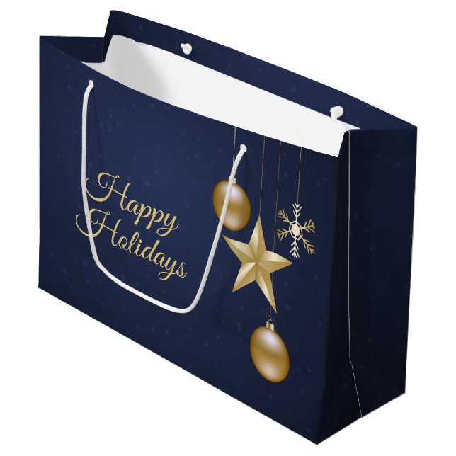 Christmas Party Golden Ornament Navy Blue Elegant Large Gift Bag (Front Angled)