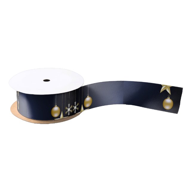 Christmas Party Golden Ornaments Navy Blue Elegant Satin Ribbon (Spool)