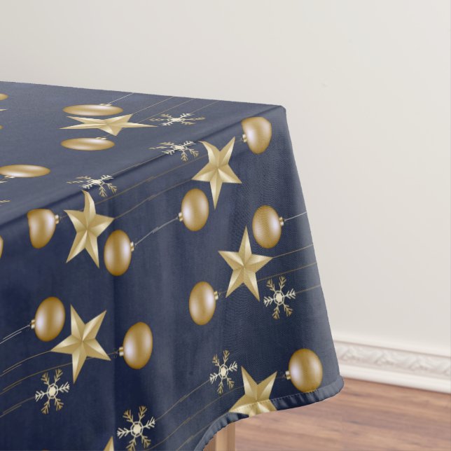 Christmas Party Golden Ornaments Navy Blue Elegant Tablecloth (In Situ)