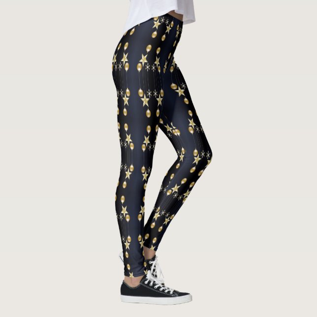 Christmas Party Golden Ornaments Navy Blue Leggings (Right)