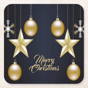 Christmas Party Golden Ornaments Navy Blue Square Paper Coaster