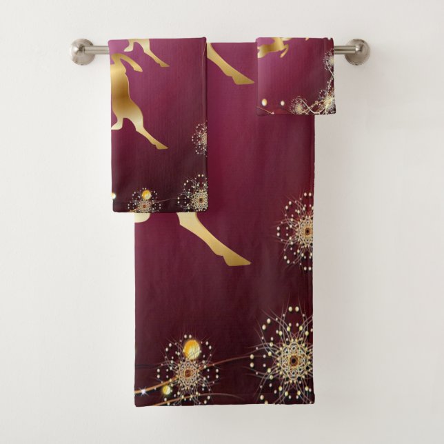Christmas Party Golden Reindeers Red Pink Elegant Bath Towel Set (Insitu)