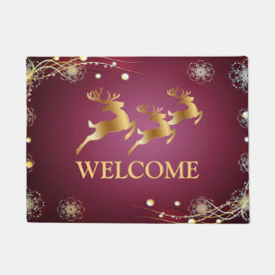 Christmas Party Golden Reindeers Red Pink Elegant Doormat