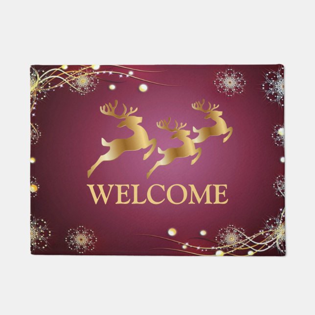 Christmas Party Golden Reindeers Red Pink Elegant Doormat (Front)