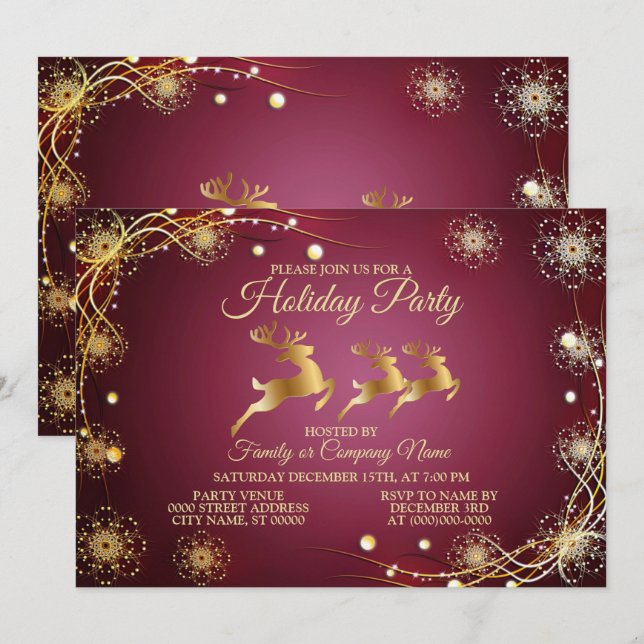 Christmas Party Golden Reindeers Red Pink Elegant Invitation (Front/Back)