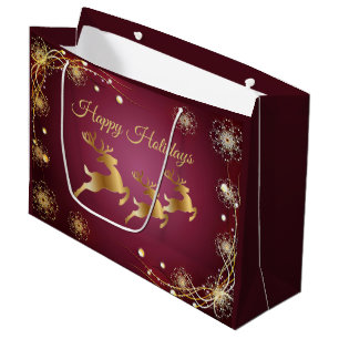 Christmas Party Golden Reindeers Red Pink Elegant Large Gift Bag