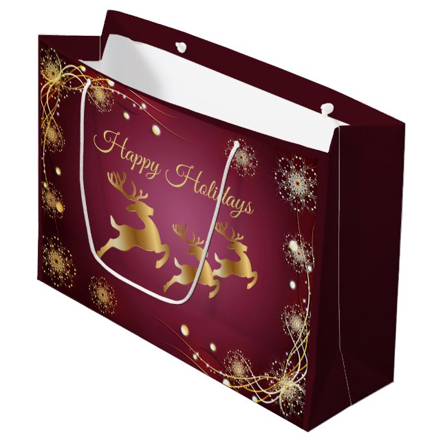 Christmas Party Golden Reindeers Red Pink Elegant Large Gift Bag (Front Angled)