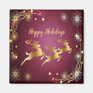 Christmas Party Golden Reindeers Red Pink Elegant Magnet