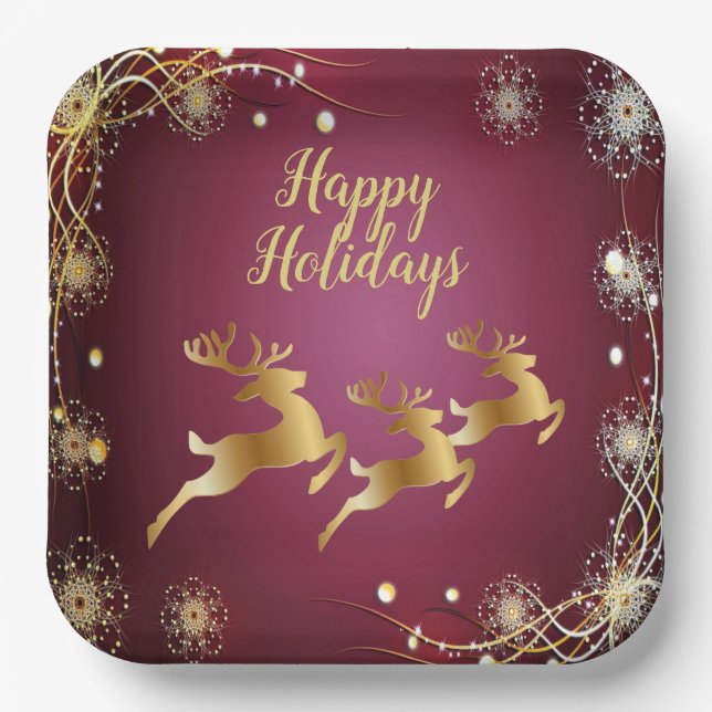 Christmas Party Golden Reindeers Red Pink Elegant Paper Plate (Front)
