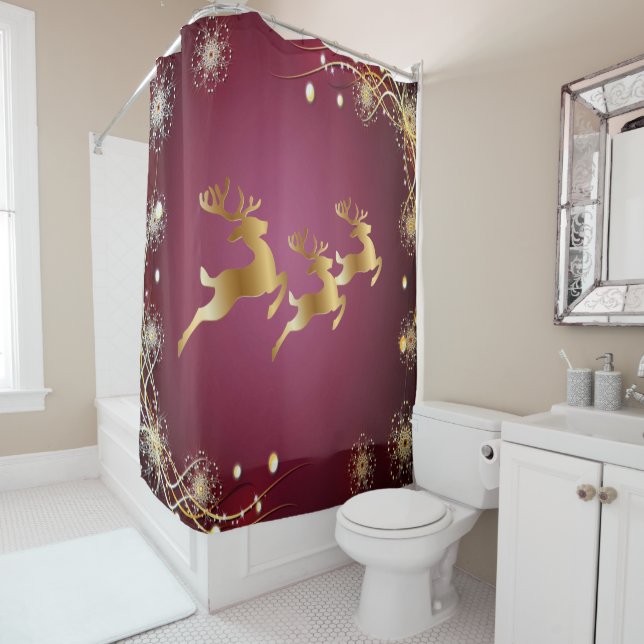 Christmas Party Golden Reindeers Red Pink Elegant Shower Curtain (In Situ)