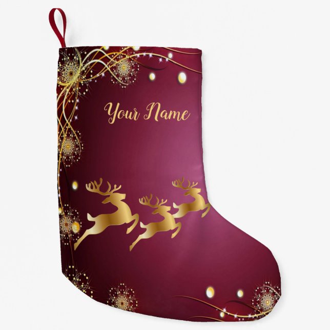Christmas Party Golden Reindeers Red Pink Elegant Small Christmas Stocking (Front)
