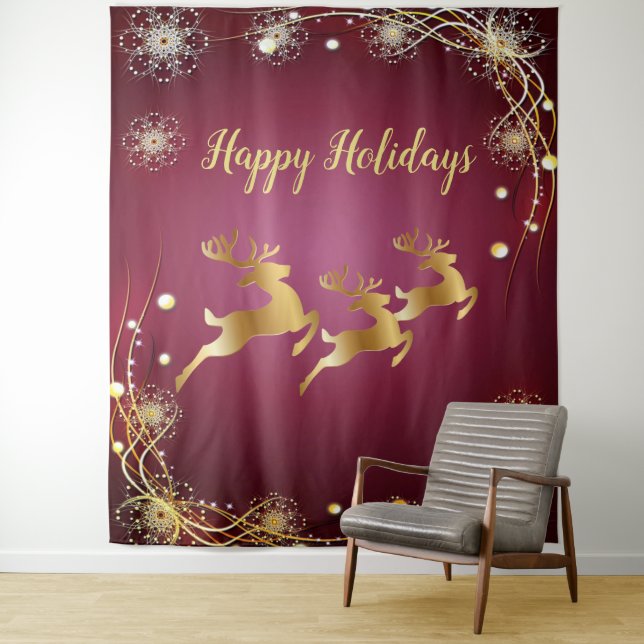 Christmas Party Golden Reindeers Red Pink Elegant Tapestry (In Situ)