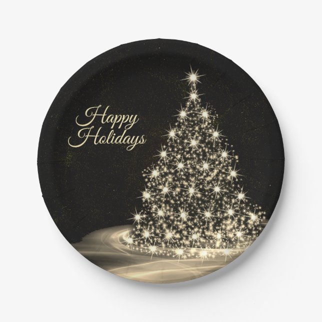 Christmas Party Golden Shiny Tree Winter Black Paper Plate (Front)