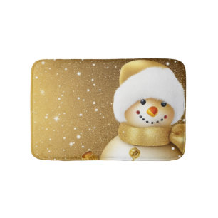 Christmas Party Golden Snowman Snowflakes Holidays Bath Mat