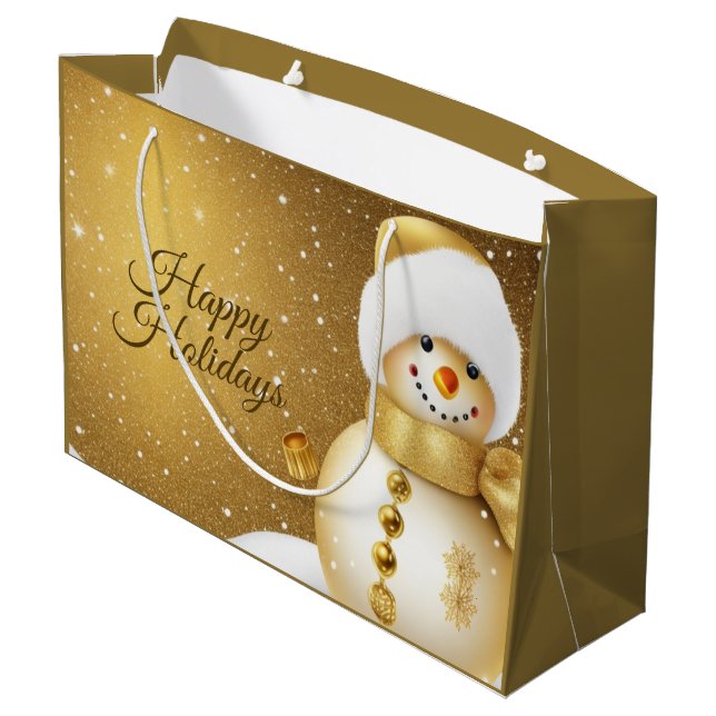 Christmas Party Golden Snowman Snowflakes Holidays Large Gift Bag (Back Angled)