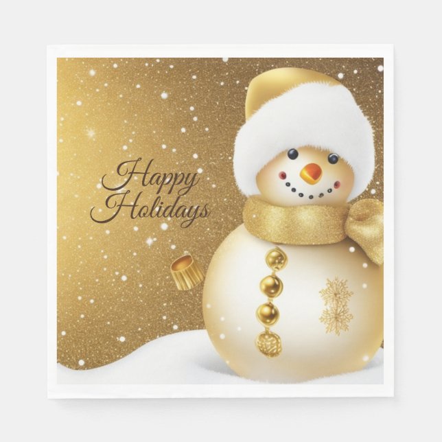 Christmas Party Golden Snowman Snowflakes Holidays Napkin (Front)