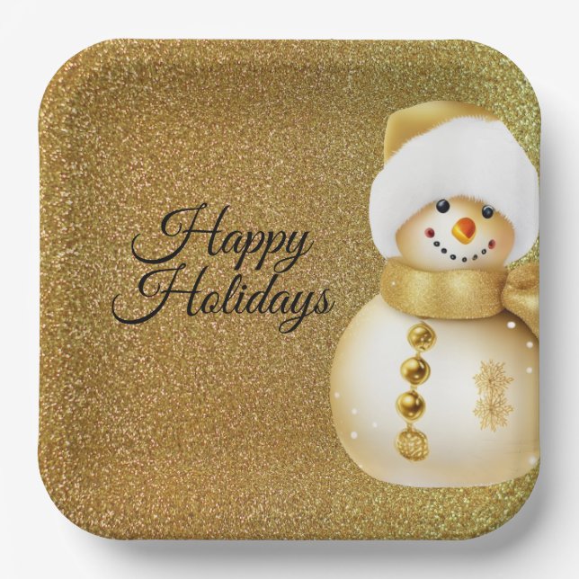 Christmas Party Golden Snowman Snowflakes Holidays Paper Plate (Front)