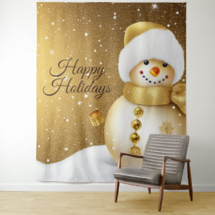 Christmas Party Golden Snowman Snowflakes Holidays Tapestry