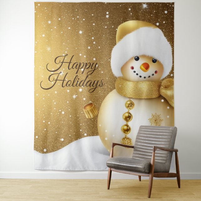 Christmas Party Golden Snowman Snowflakes Holidays Tapestry (In Situ)