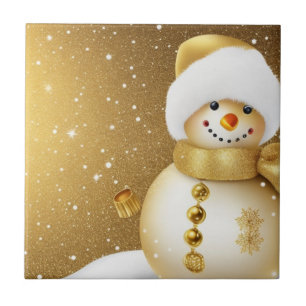 Christmas Party Golden Snowman Snowflakes Holidays Tile