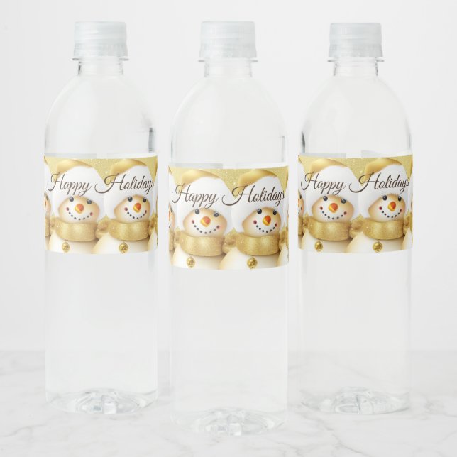 Christmas Party Golden Snowman Snowflakes Holidays Water Bottle Label (Bottles)