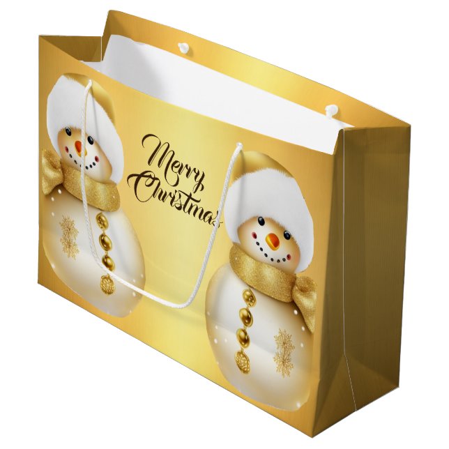Christmas Party Golden Snowman Winter Holiday Large Gift Bag (Front Angled)