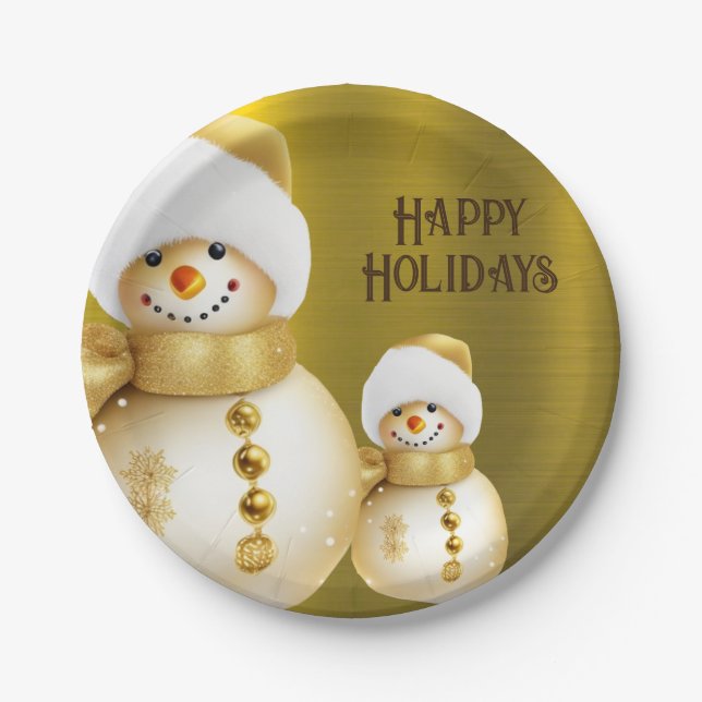 Christmas Party Golden Snowman Winter Holiday Paper Plate (Front)