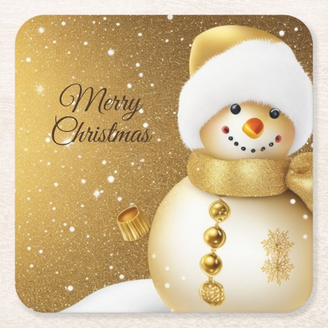 Christmas Party Golden Snowman Winter Holiday Square Paper Coaster (Front)