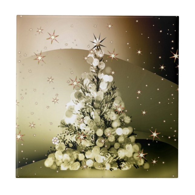 Christmas Party Golden Tree Shiny Sparkle Stars Tile (Front)