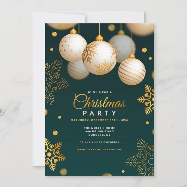 Christmas Party Green and Gold Invitation (Front)