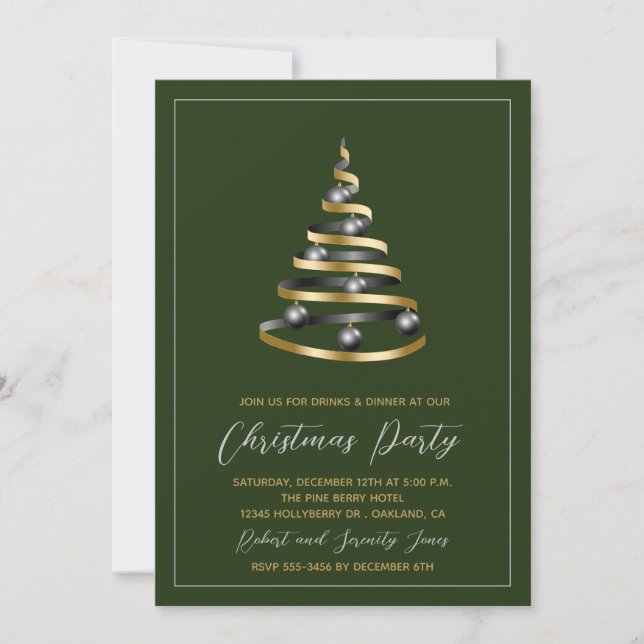 Christmas Party Green Gold Tree Invitation (Front)
