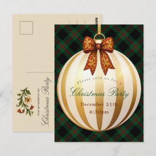 Christmas Party Green Tartan Plaid Vintage Bow Postcard