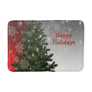 Christmas Party Green Tree Red Silver Snowflakes Bath Mat