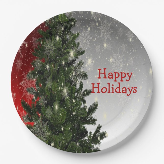 Christmas Party Green Tree Red Silver Snowflakes Paper Plate (Front)