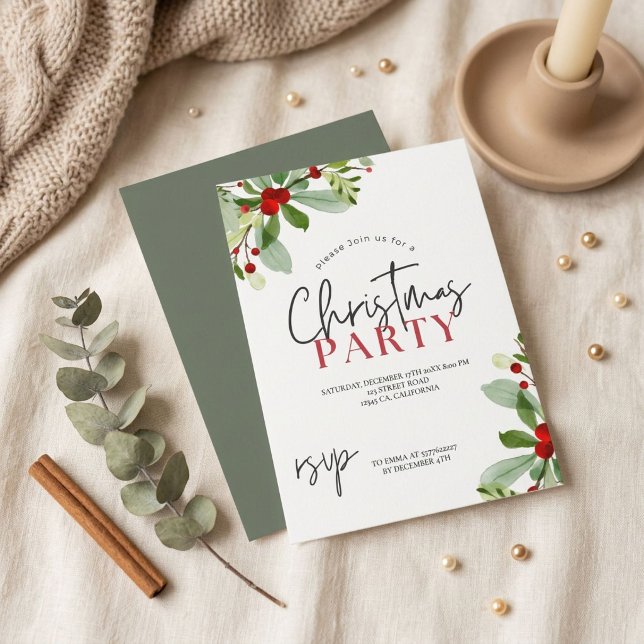 Christmas Party Greenery Red Berries Invitation (Creator Uploaded)