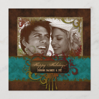 Christmas Party Grunge Brown Blue Photocard Invitation