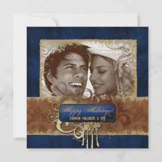 Christmas Party Grunge Brown Navy Blue Photocard Invitation