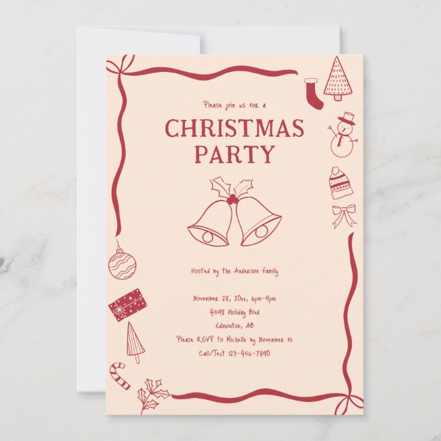Christmas Party Hand Drawn Holiday Red Coquette Invitation (Front)
