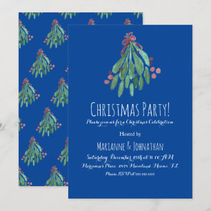 Christmas Party Hand Watercolor Tree and Bow Blue Invitation