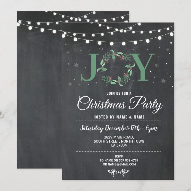 Christmas Party Holiday JOY Wreath Chalk Lights Invitation (Front/Back)